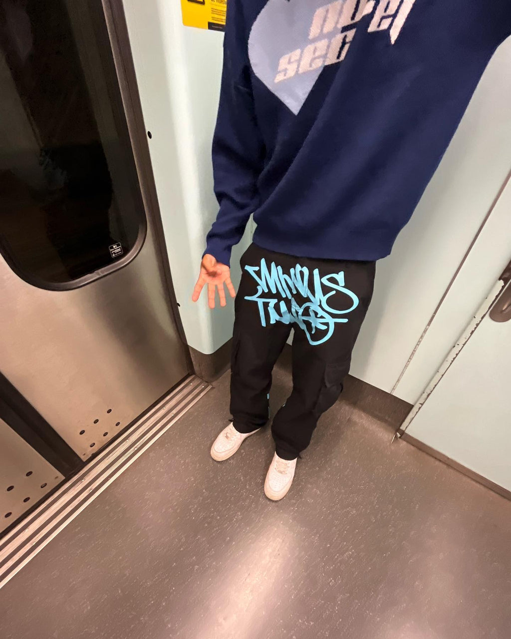 CARGO MINUS TWO - Black Graff Cargos (Baby Blue Logo)