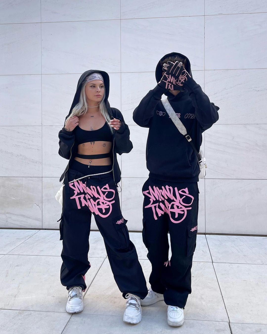 CARGO MINUS TWO -  Black Graff Cargos (Pink Logo)