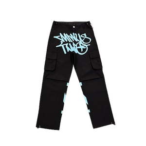 CARGO MINUS TWO - Black Graff Cargos (Baby Blue Logo)