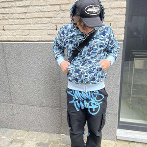 CARGO MINUS TWO - Black Graff Cargos (Baby Blue Logo)