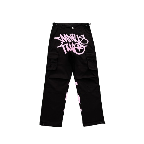 CARGO MINUS TWO -  Black Graff Cargos (Pink Logo)